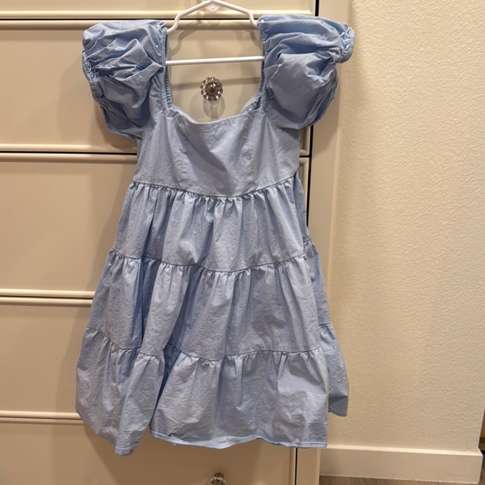 Bardot Blue Tiered Ruffled Sundress with Puff Sleeves